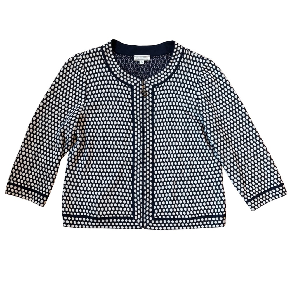 St. John Sport Navy White Knit Honeycomb Zip Cardigan Large‎ Coastal Nautical